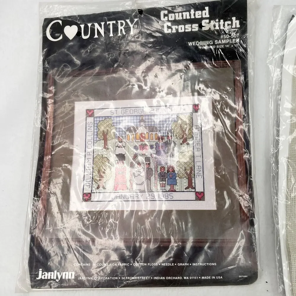 Vintage Lot 3 Janlynn Counted Cross Stitch Kits Wedding Bears Heart